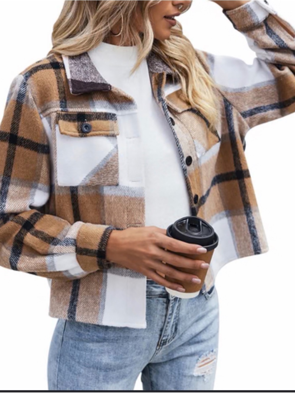 zeagoo Cropped Plaid Shacket in Grey, White & Tan XS